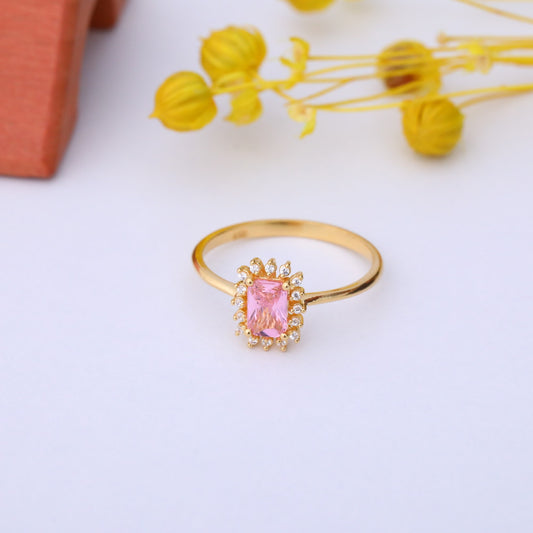 Pink Tourmaline Rectangle Ring Surrounded by Real Diamonds in 14K Solid Gold, October Birthstone Jewelry