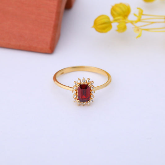 Garnet Rectangle Ring Surrounded by Real Diamonds in 14K Solid Gold, January Birthstone Jewelry