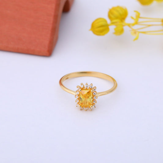 Yellow Topaz Rectangle Ring Surrounded by Real Diamonds in 14K Solid Gold, Birthstone Jewelry