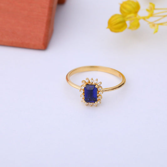 Sapphire Rectangle Ring Surrounded by Real Diamonds in 14K Solid Gold, September Birthstone Jewelry