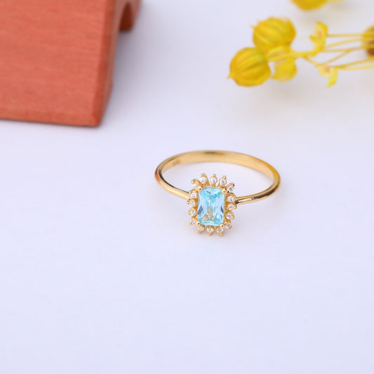 Aquamarine Rectangle Ring Surrounded by Real Diamonds in 14K Solid Gold, March Birthstone Jewelry