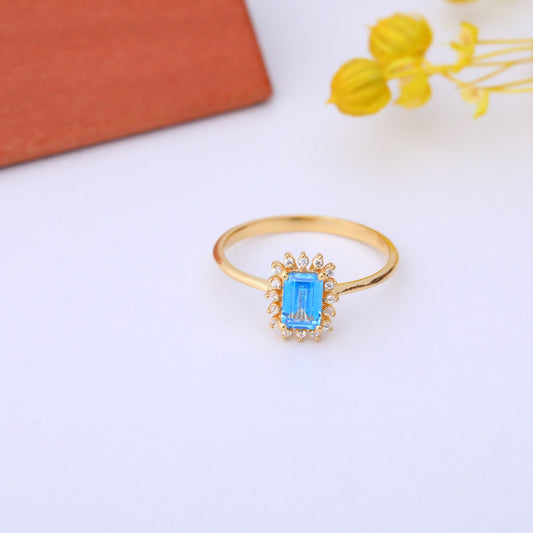 Blue Topaz Rectangle Ring Surrounded by Real Diamonds in 14K Solid Gold, December Birthstone Jewelry