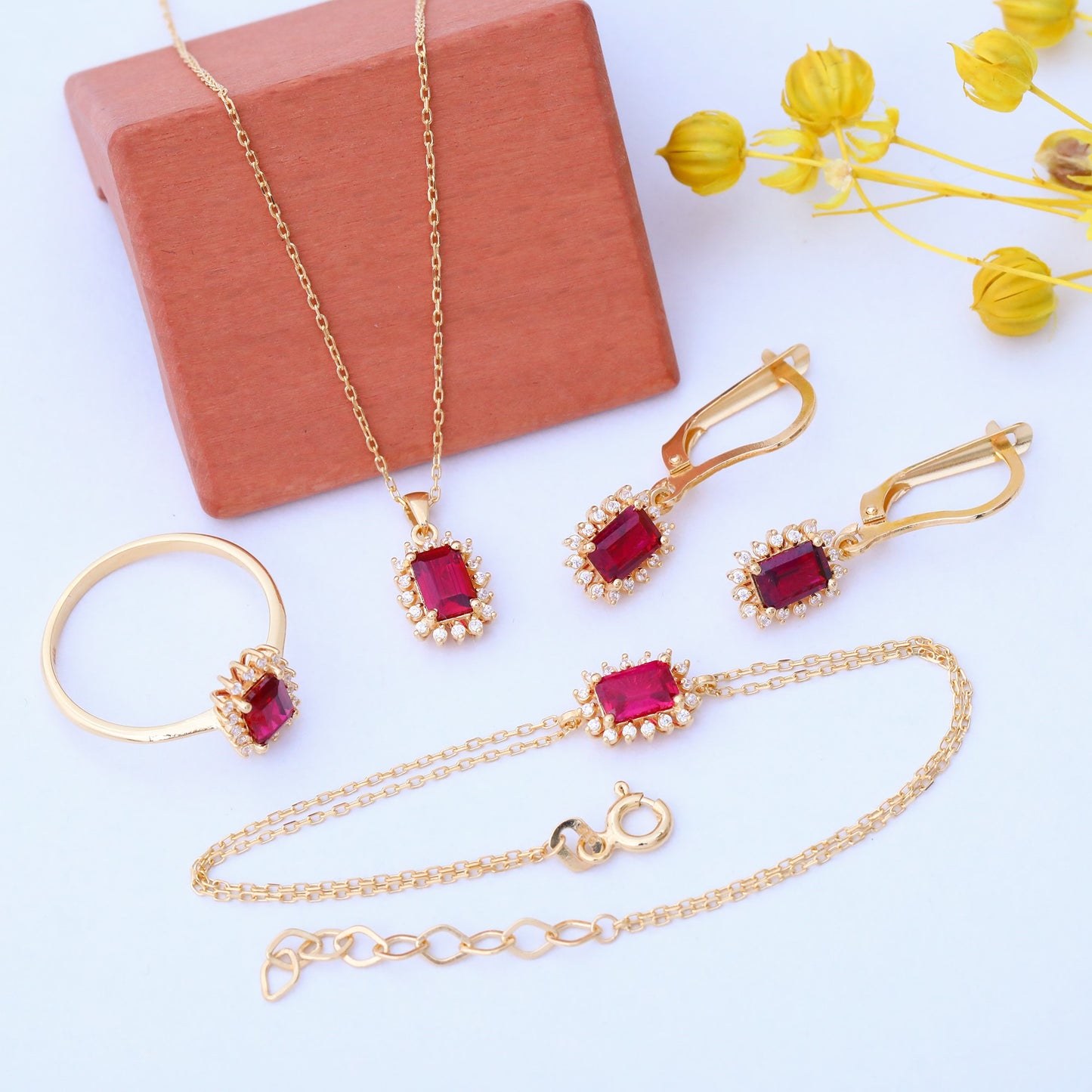 Ruby Rectangle Necklace Surrounded by Real Diamonds in 14K Solid Gold, July Birthstone Jewelry