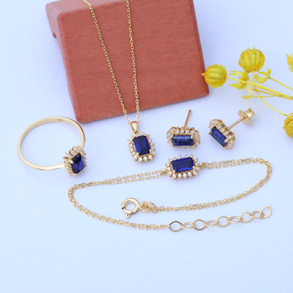 Sapphire Rectangle Necklace Surrounded by Real Diamonds in 14K Solid Gold, September Birthstone Jewelry