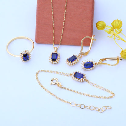 Sapphire Rectangle Necklace Surrounded by Real Diamonds in 14K Solid Gold, September Birthstone Jewelry