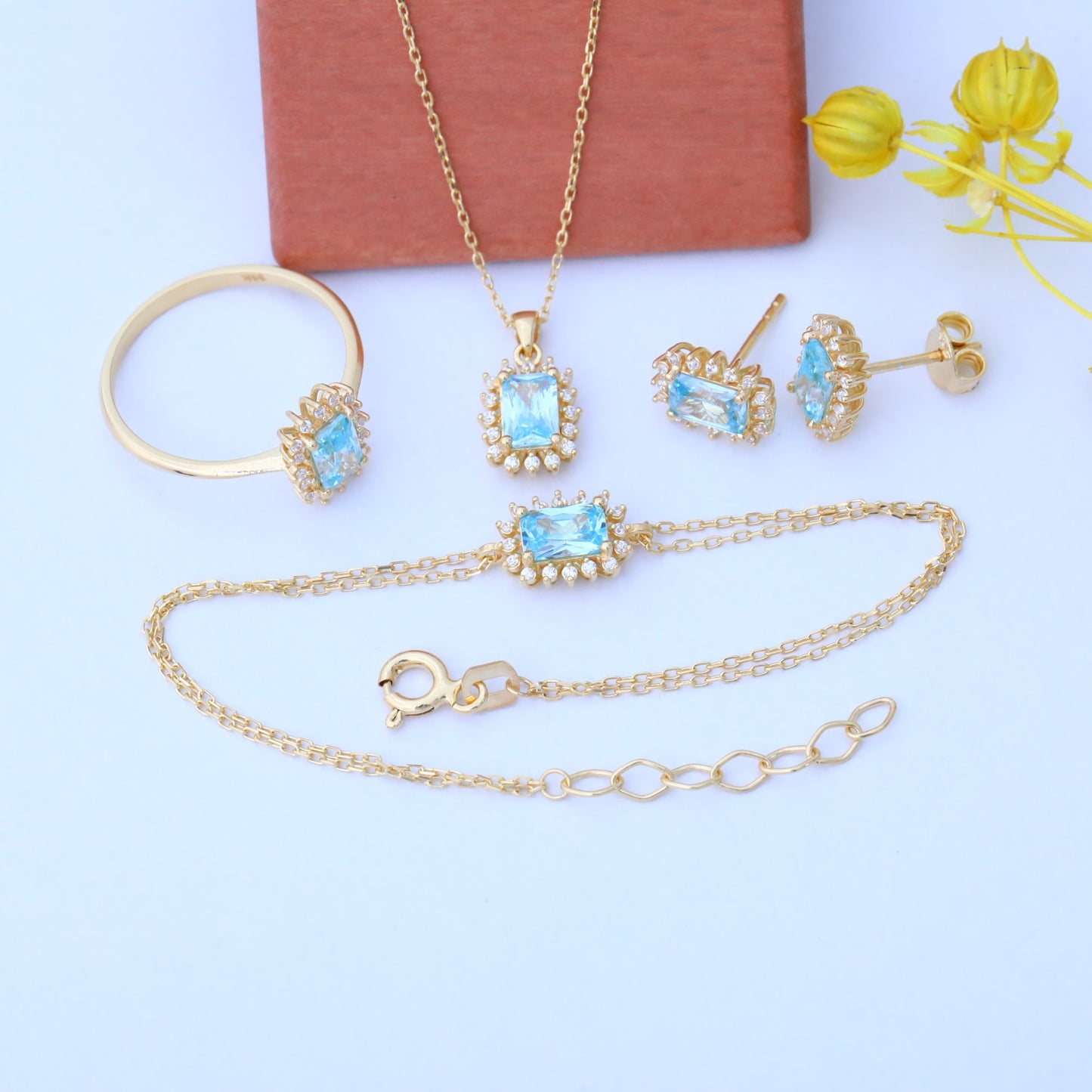 Aquamarine Rectangle Necklace Surrounded by Real Diamonds in 14K Solid Gold, March Birthstone Jewelry