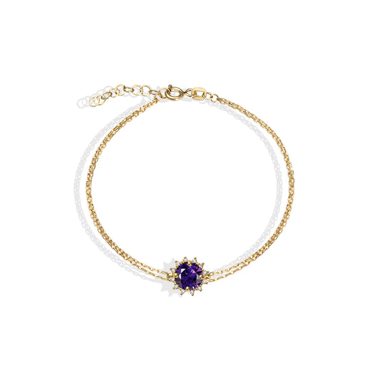 Round Amethyst Bracelet with Real Diamond, 14K Solid Gold, February Birthstone