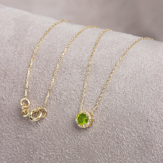 Round Peridot Necklace Surrounded by Real Diamonds, 14K Solid Gold, August Birthstone