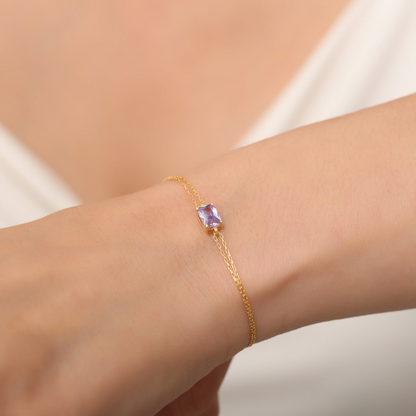 Rectangle Alexandrite Bracelet 14K Solid Gold, Dainty Gold Baguette June Birthstone