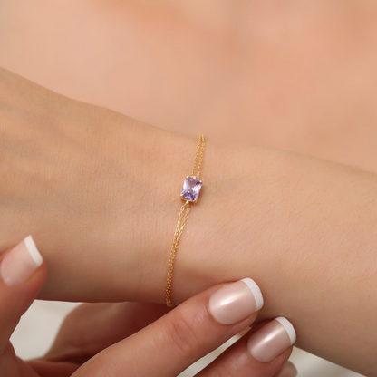 Rectangle Alexandrite Bracelet 14K Solid Gold, Dainty Gold Baguette June Birthstone