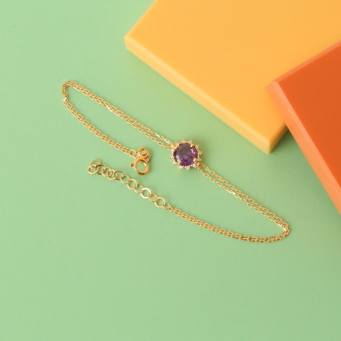 Round Amethyst Bracelet with Real Diamond, 14K Solid Gold, February Birthstone