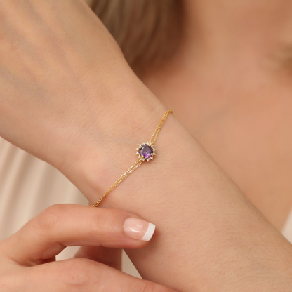 Round Amethyst Bracelet with Real Diamond, 14K Solid Gold, February Birthstone