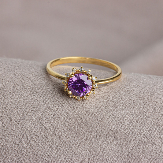 Round Amethyst Ring with Real Diamond Around 14K Solid Gold, February Birthstone