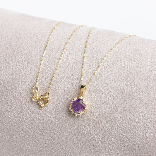 Round Amethyst Necklace with Real Diamond, 14K Solid Gold February Birthstone