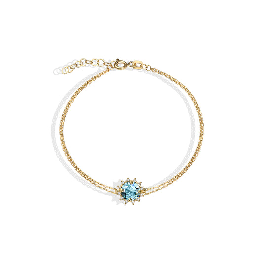 Round Aquamarine Bracelet with Real Diamond, 14K Solid Gold, March Birthstone