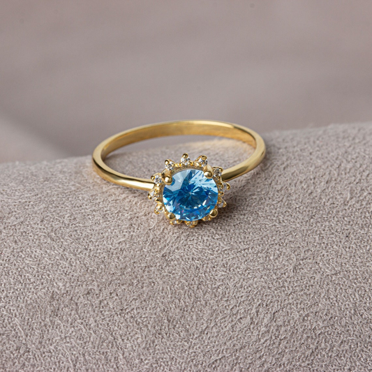 Round Aquamarine Ring with Real Diamond Around 14K Solid Gold, March Birthstone