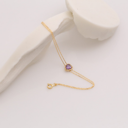 Amethyst Heart Bracelet with Real Diamond, 14K Solid Gold, February Birthstone