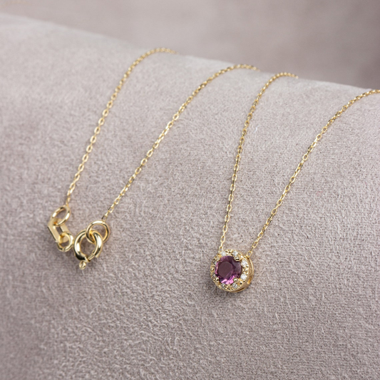 Round Alexandrite Necklace with Real Diamond, 14K Solid Gold June Birthstone