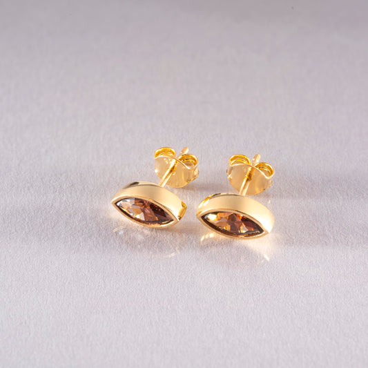 Smoky Quartz Stud Earrings Bezel Marquise Cut in 14K Solid Gold, Birthstone Jewelry