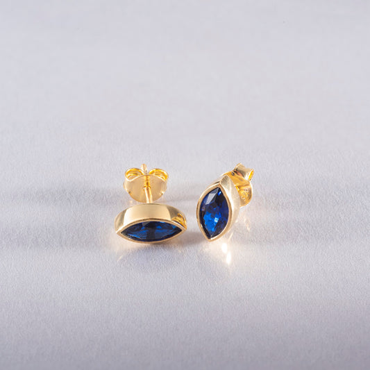 Sapphire Stud Earrings Bezel Marquise Cut in 14K Solid Gold, September Birthstone Jewelry