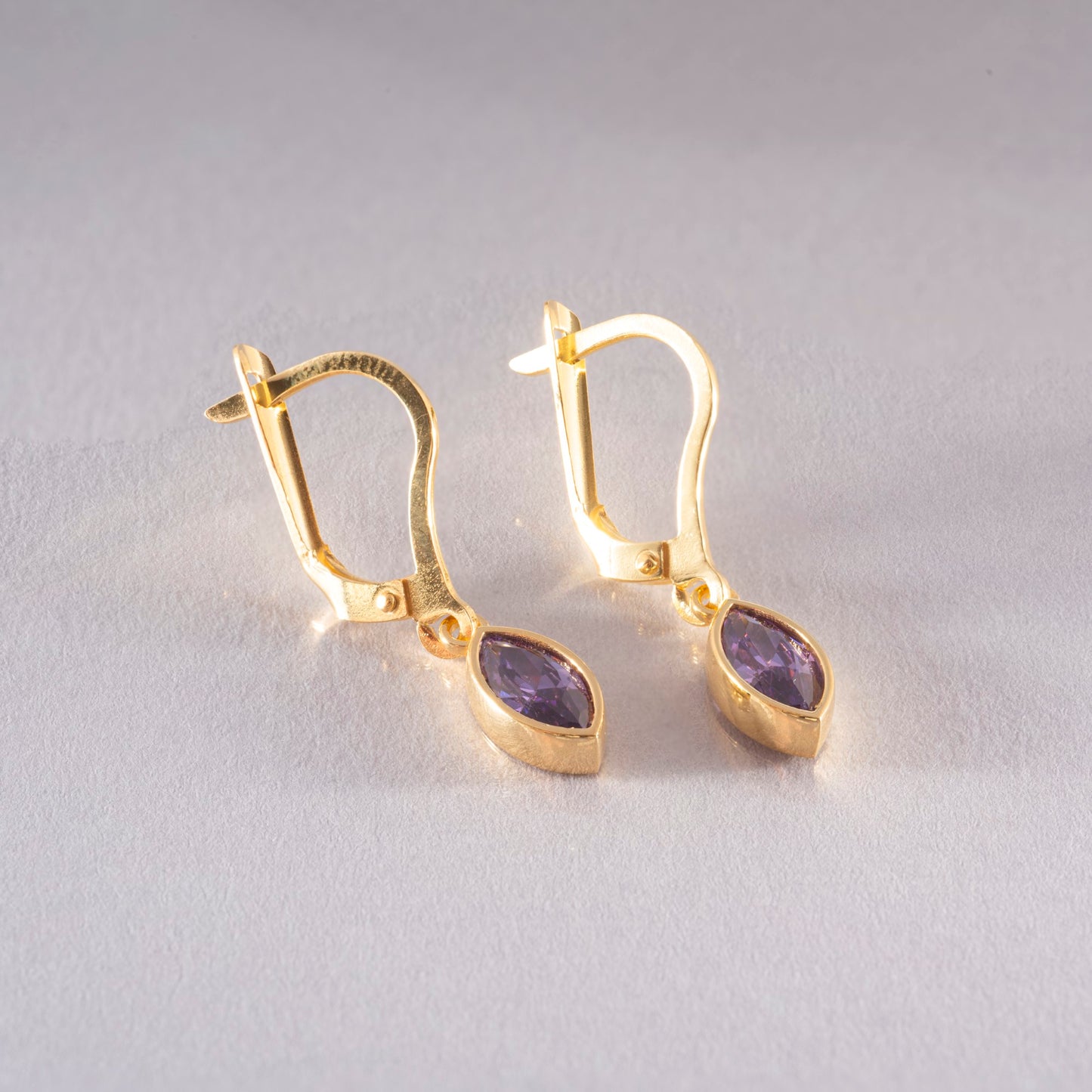 Amethyst Dangle Earrings Bezel Marquise Cut in 14K Solid Gold, February Birthstone Jewelry