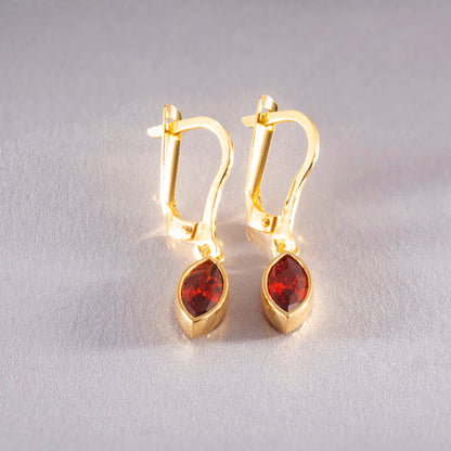 Garnet Dangle Earrings Bezel Marquise Cut in 14K Solid Gold, January Birthstone Dainty Jewelry