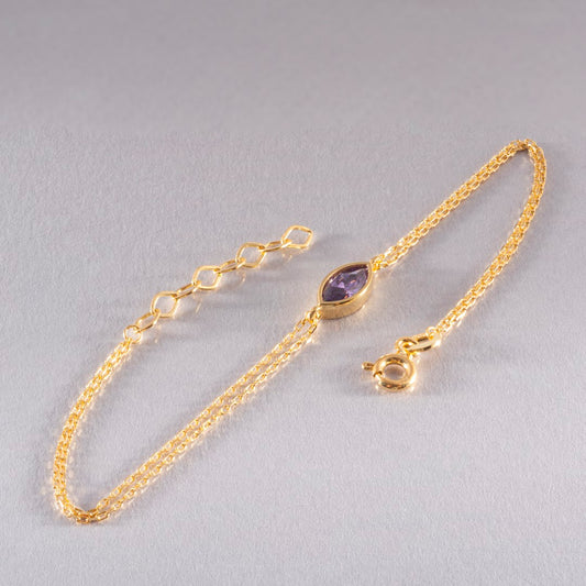 Bezel Marquise Cut Amethyst Bracelet 14K Solid Gold, February Birthstone Jewelry