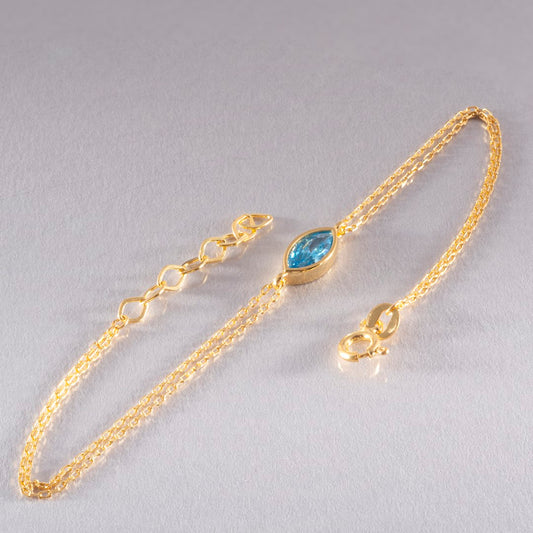 Bezel Marquise Cut Blue Topaz Bracelet 14K Solid Gold, December Birthstone Jewelry