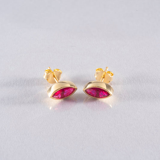 Ruby Stud Earrings Bezel Marquise Cut in 14K Solid Gold, July Birthstone Jewelry