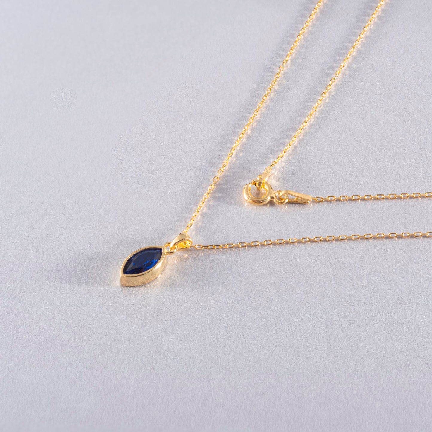 Marquise Cut Sapphire Bezel Necklace 14K Solid Gold, September Birthstone Pendant