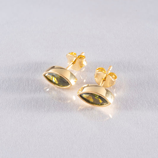 Peridot Stud Earrings Bezel Marquise Cut in 14K Solid Gold, August Birthstone Jewelry