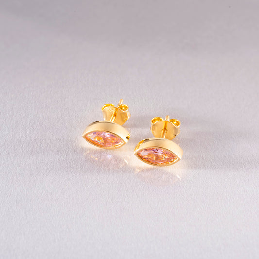 Pink Tourmaline Stud Earrings Bezel Marquise Cut in 14K Solid Gold, October Birthstone Jewelry