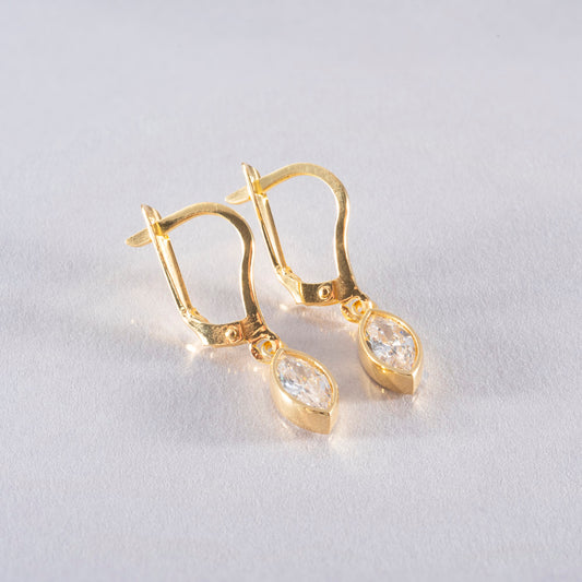 White Topaz Dangle Earrings Bezel Marquise Cut in 14K Solid Gold, April Birthstone Jewelry