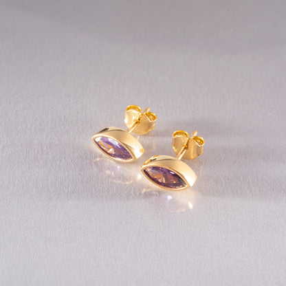 Amethyst Stud Earrings Bezel Marquise Cut in 14K Solid Gold, February Birthstone Jewelry