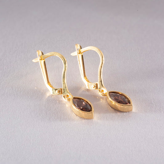 Smoky Quartz Dangle Earrings Bezel Marquise Cut in 14K Solid Gold, Birthstone Minimalist Jewelry