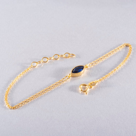 Bezel Marquise Cut Sapphire Bracelet 14K Solid Gold, September Birthstone Jewelry