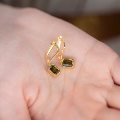 Rectangle Peridot Dangling Earrings in 14K Solid Gold, August Birthstone Baguette Cut Jewelry