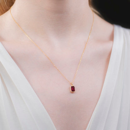 Ruby Rectangle Bezel Necklace 14K Solid Gold, July Birthstone Pendant