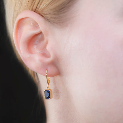 Rectangle Sapphire Dangling Earrings in 14K Solid Gold, September Birthstone Baguette Cut Jewelry