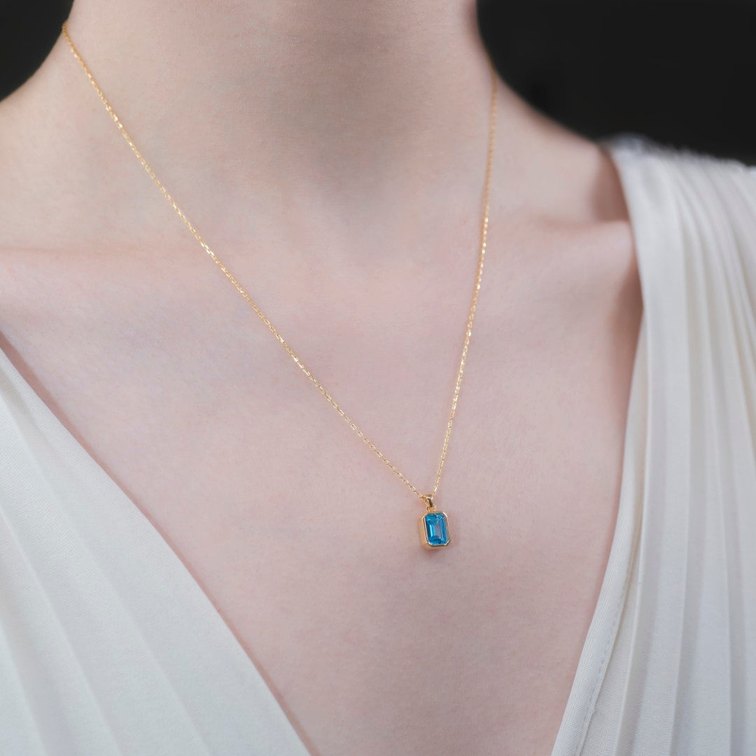 Blue Topaz Rectangle Bezel Necklace 14K Solid Gold, December Birthstone Pendant