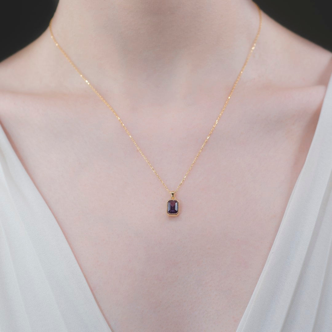 Amethyst Rectangle Bezel Necklace 14K Solid Gold, February Birthstone Pendant