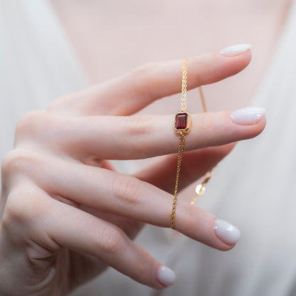 Garnet Rectangle Bracelet 14K Solid Gold, January Birthstone Baguette Jewelry