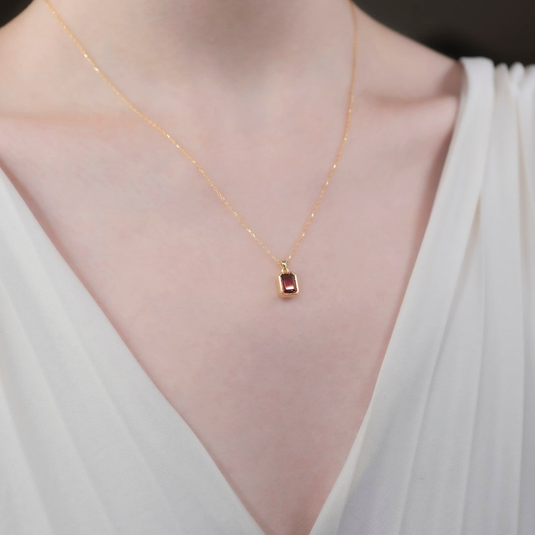 Garnet Rectangle Bezel Necklace 14K Solid Gold, January Birthstone Pendant