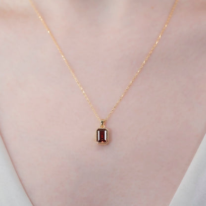 Garnet Rectangle Bezel Necklace 14K Solid Gold, January Birthstone Pendant