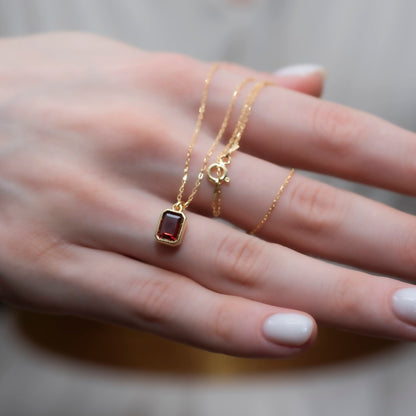 Garnet Rectangle Bezel Necklace 14K Solid Gold, January Birthstone Pendant