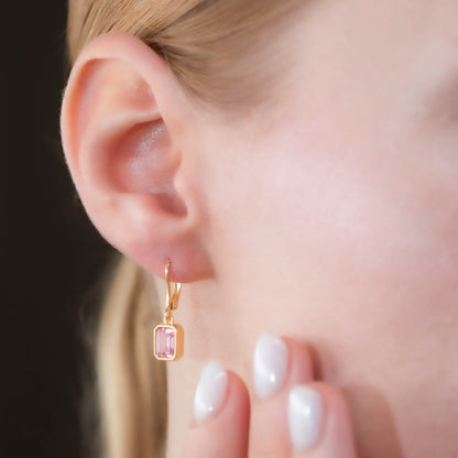 Rectangle Pink Tourmaline Dangling Earrings in 14K Solid Gold, October Birthstone Baguette Cut Jewelry