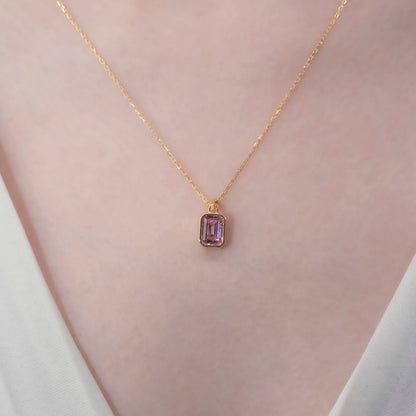 Pink Tourmaline Rectangle Bezel Necklace 14K Solid Gold, October Birthstone Pendant