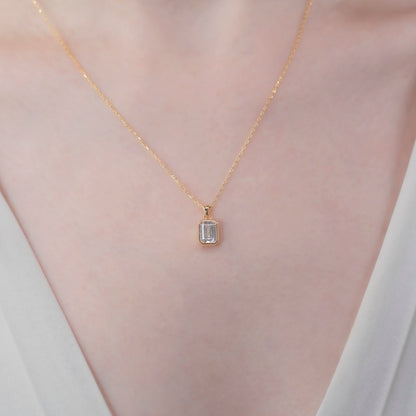 White Topaz Rectangle Pendant Necklace 14K Solid Gold, April Birthstone Pendant