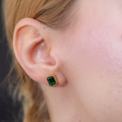 Rectangle Emerald Stud Earrings in 14K Solid Gold, May Birthstone Baguette Cut Jewelry