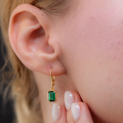 Rectangle Emerald Dangling Earrings in 14K Solid Gold, May Birthstone Baguette Cut Jewelry